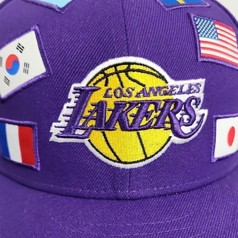 NWOT New Era Los Angeles Lakers Purple Snapback Hat Various National Flags - Picture 6 of 8